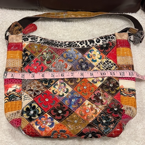 Treska multi color patchwork and rhinestone flowered leather shoulder bag - Picture 8 of 8